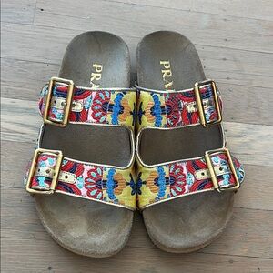Prada Floral Embroidered Double-Buckle Sandals